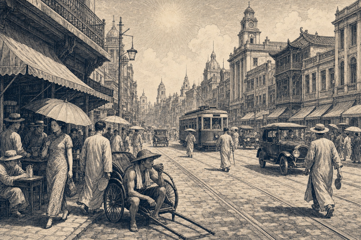 情境重建：酷暑中的1920年代上海街道，行人在遮阳棚与伞下避暑