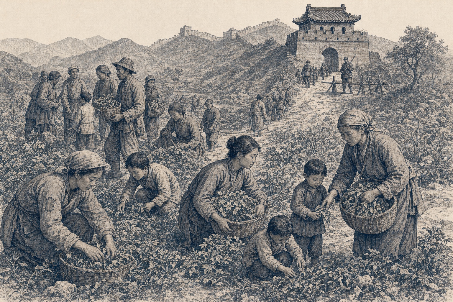 情境重建：长城关口附近的居民采集野菜，远处道路受到封锁