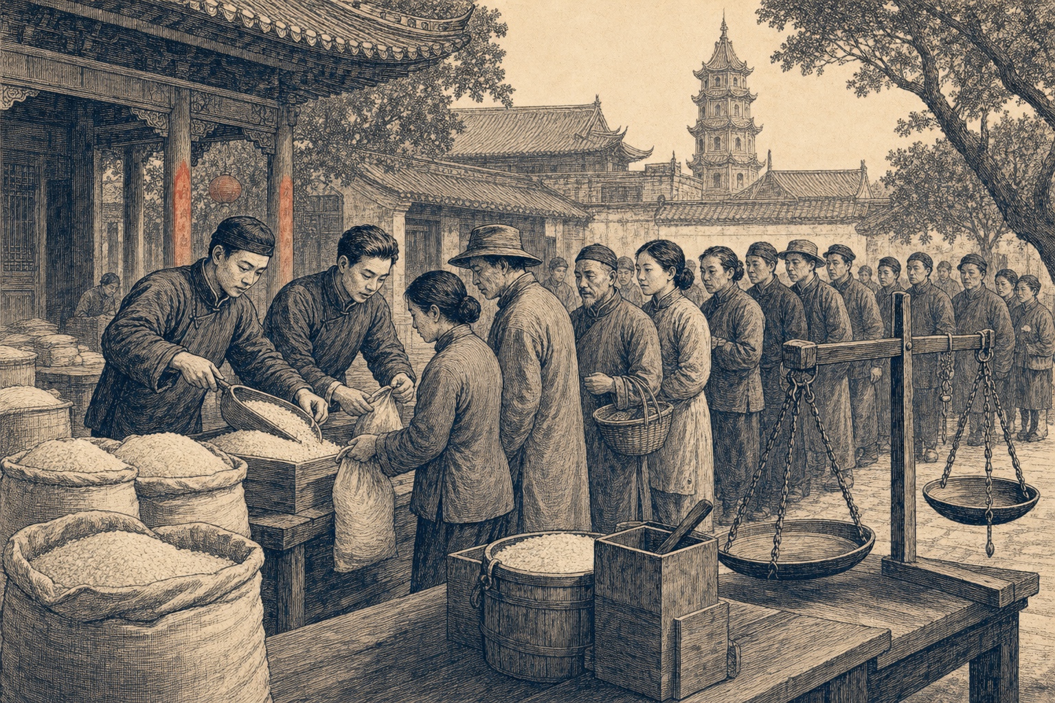 情境重建：天后宫院内设置平价售米点，居民排队购米