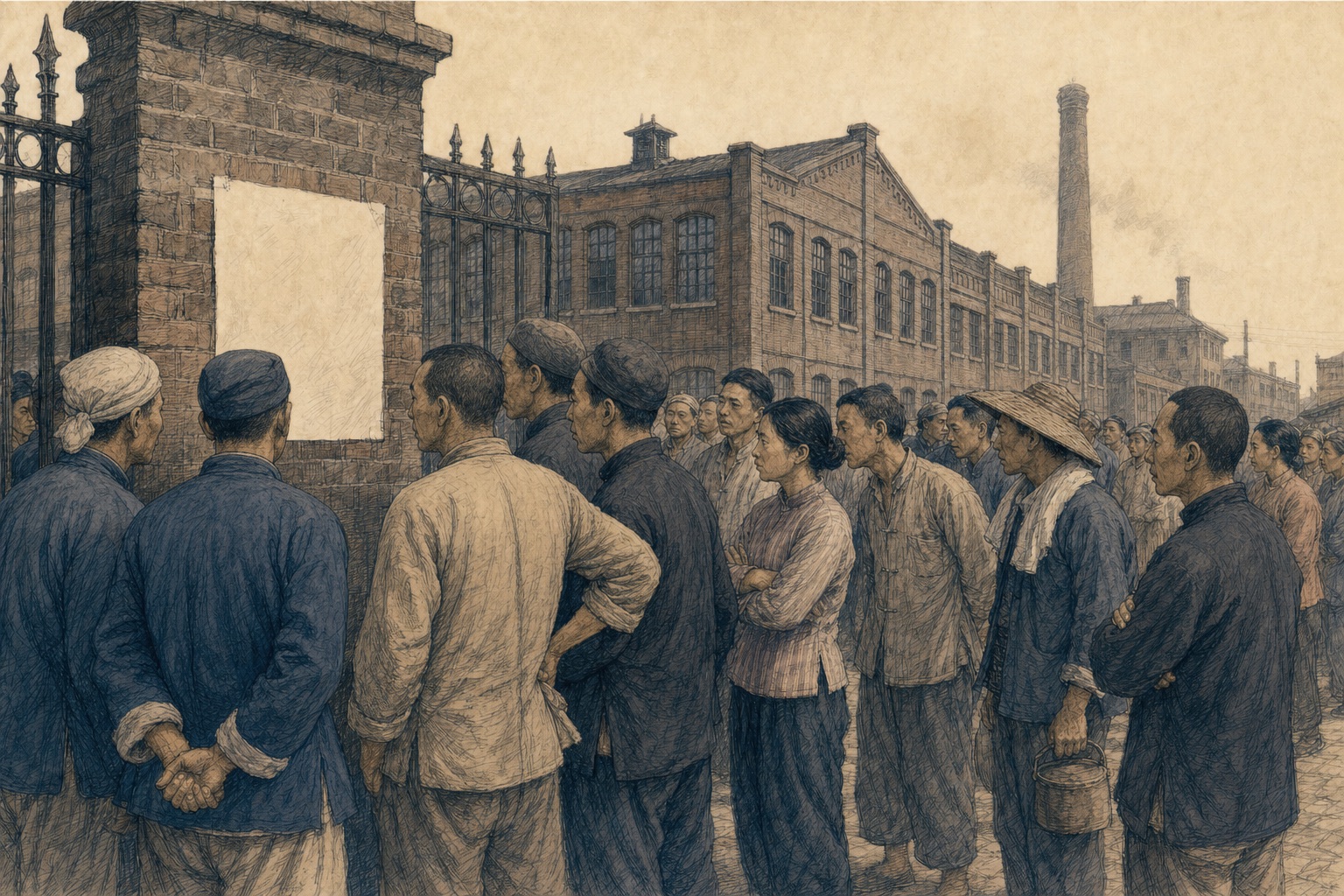 二十世纪二十年代纱厂门外，工人围在告示旁商议