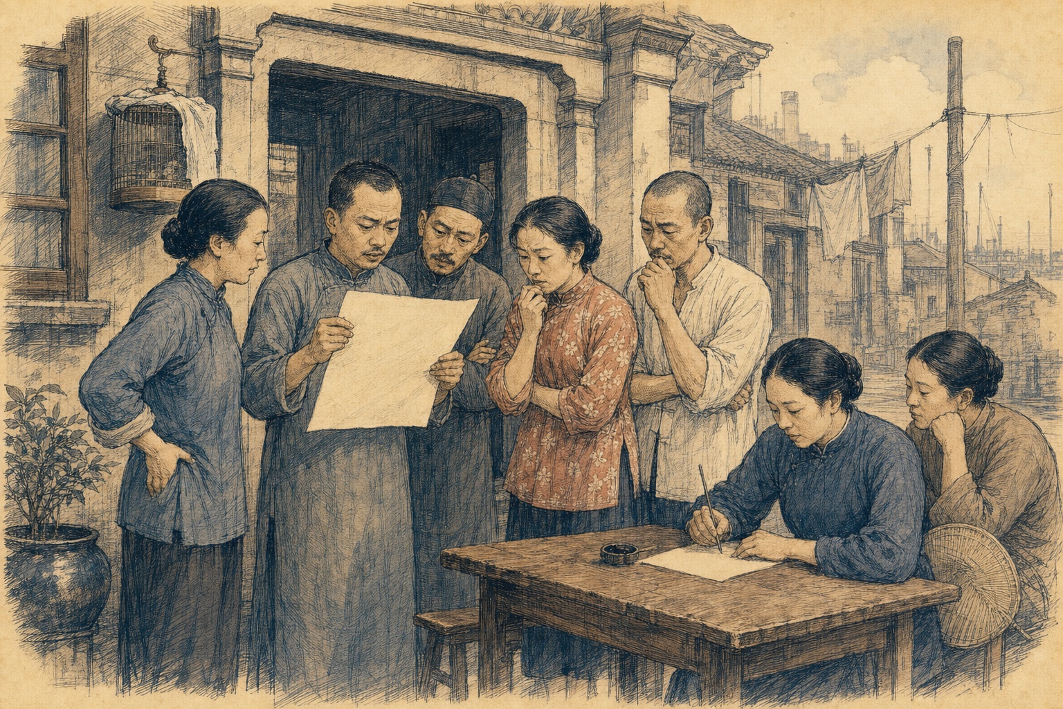 二十世纪二十年代上海里弄中，房客查看通知并开会商议