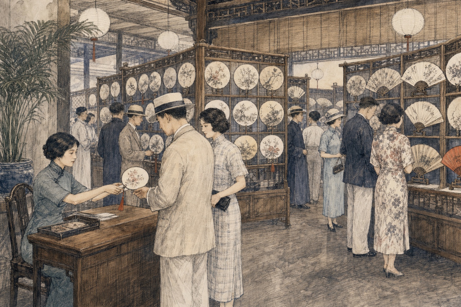 新世界扇子展览会内，来客观看圆扇与折扇