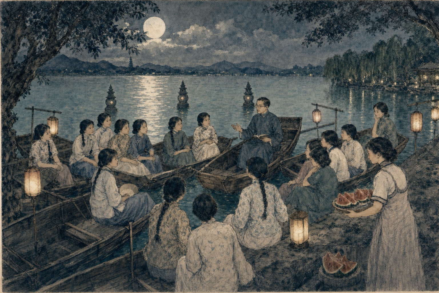 西湖月色下，女子中学师生分乘小艇听讲并分食西瓜