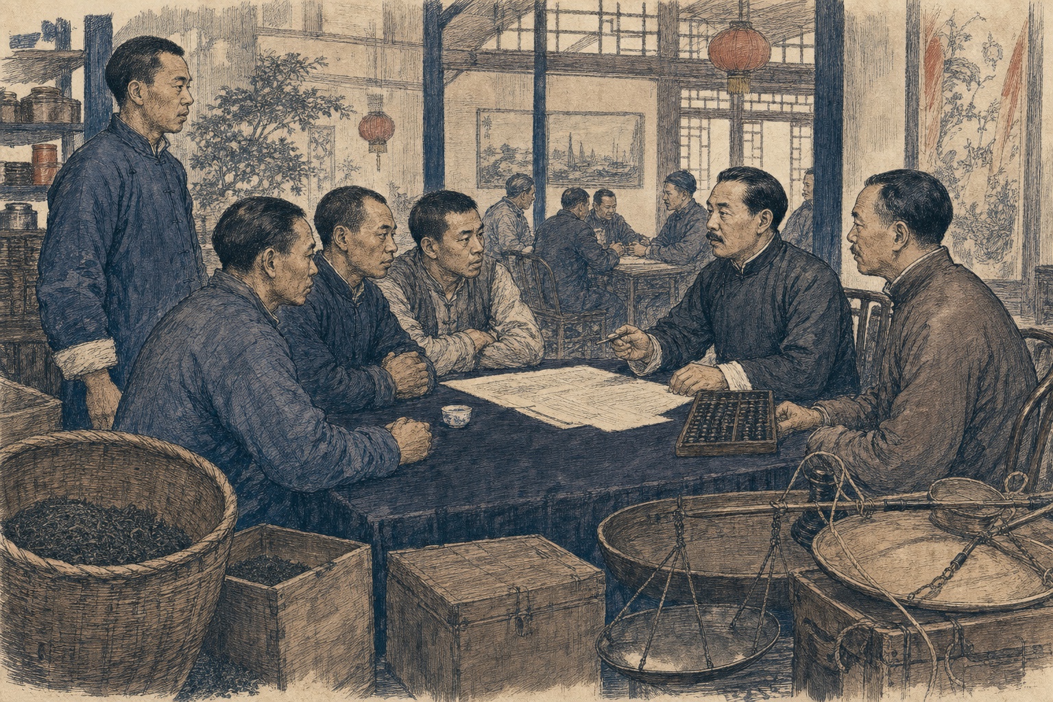 茶栈中，制茶工人代表与茶商隔桌谈判