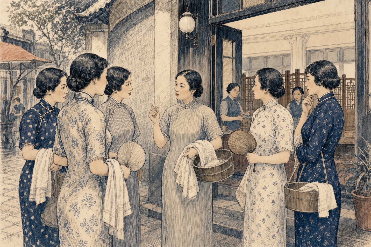 女子浴堂门前，几名女性手持毛巾、木盆与圆扇交谈