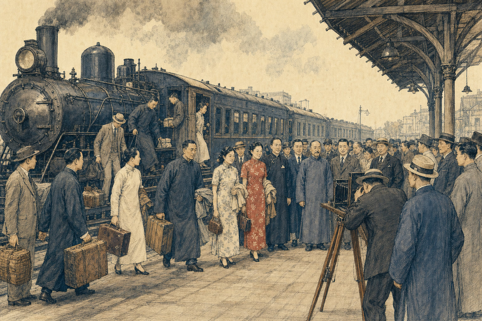 蒸汽火车抵达月台,国货旅行团成员下车并受人迎候