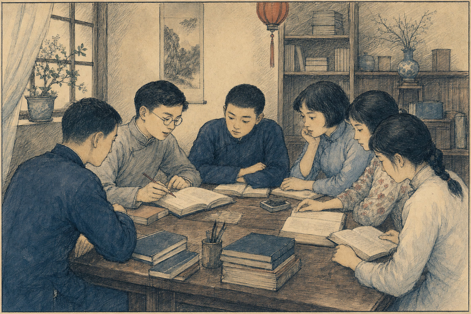 中学生在普通室内围坐木桌组织读书会