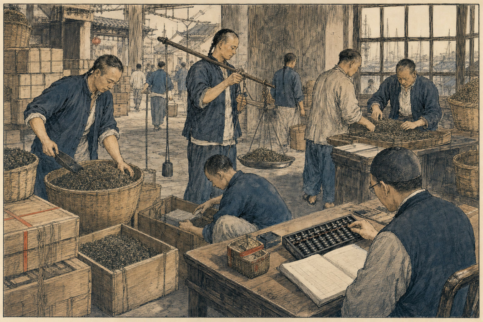 茶栈恢复劳作,工人称量装箱茶叶