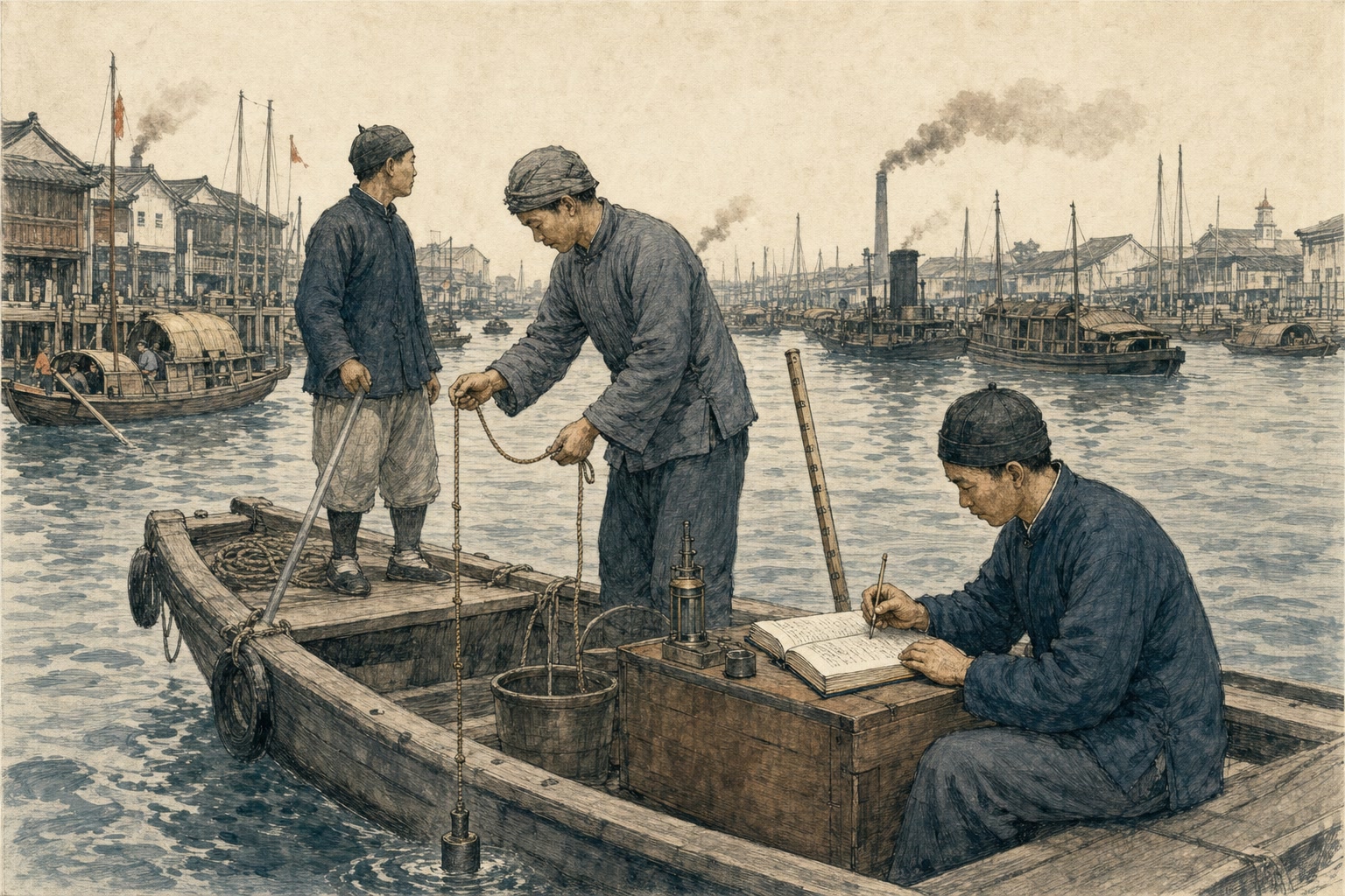 上海港口测量船上,工作人员用测深绳探测潮水