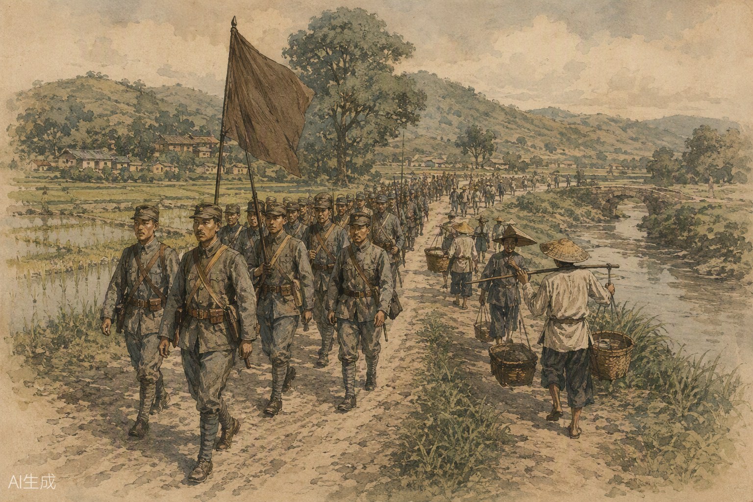 南方乡间土路上,一队士兵沿稻田与河流之间行进
