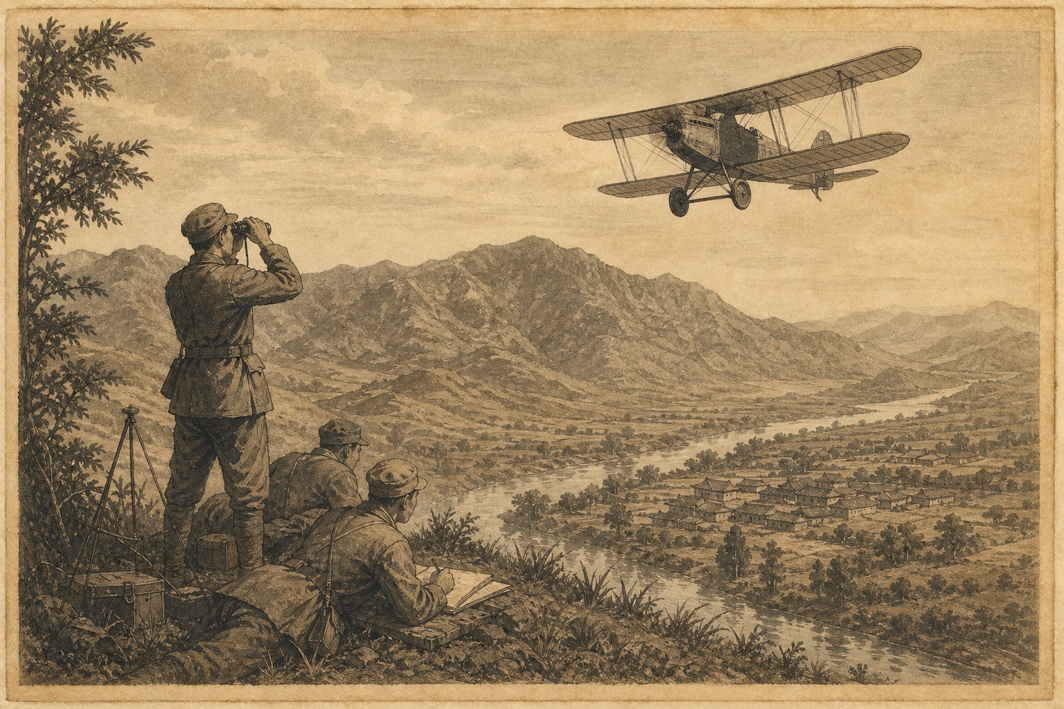 1926 年夏日山谷上空的侦察飞机,地面观察员记录河流与村庄