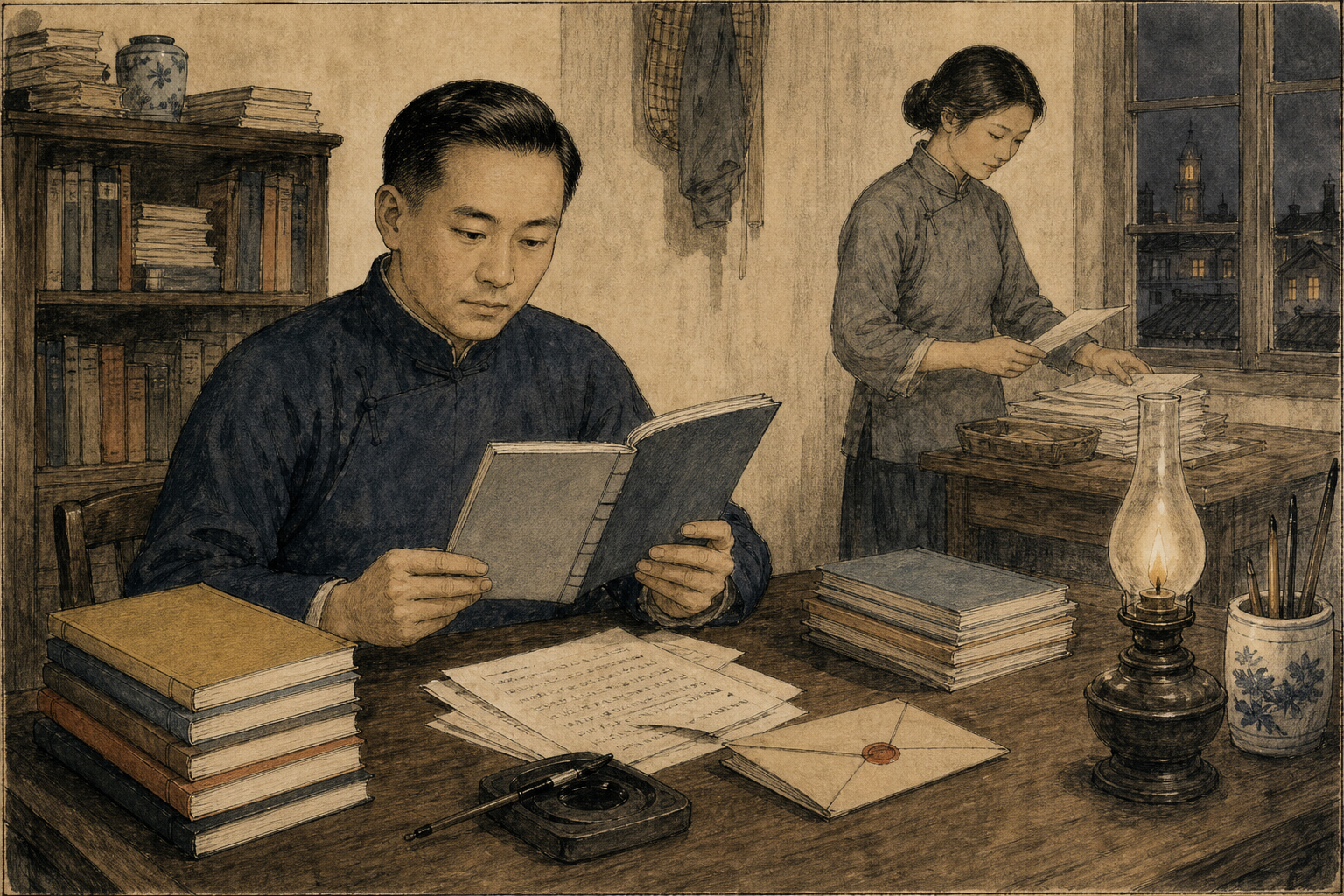 学习者在灯下阅读函授讲义