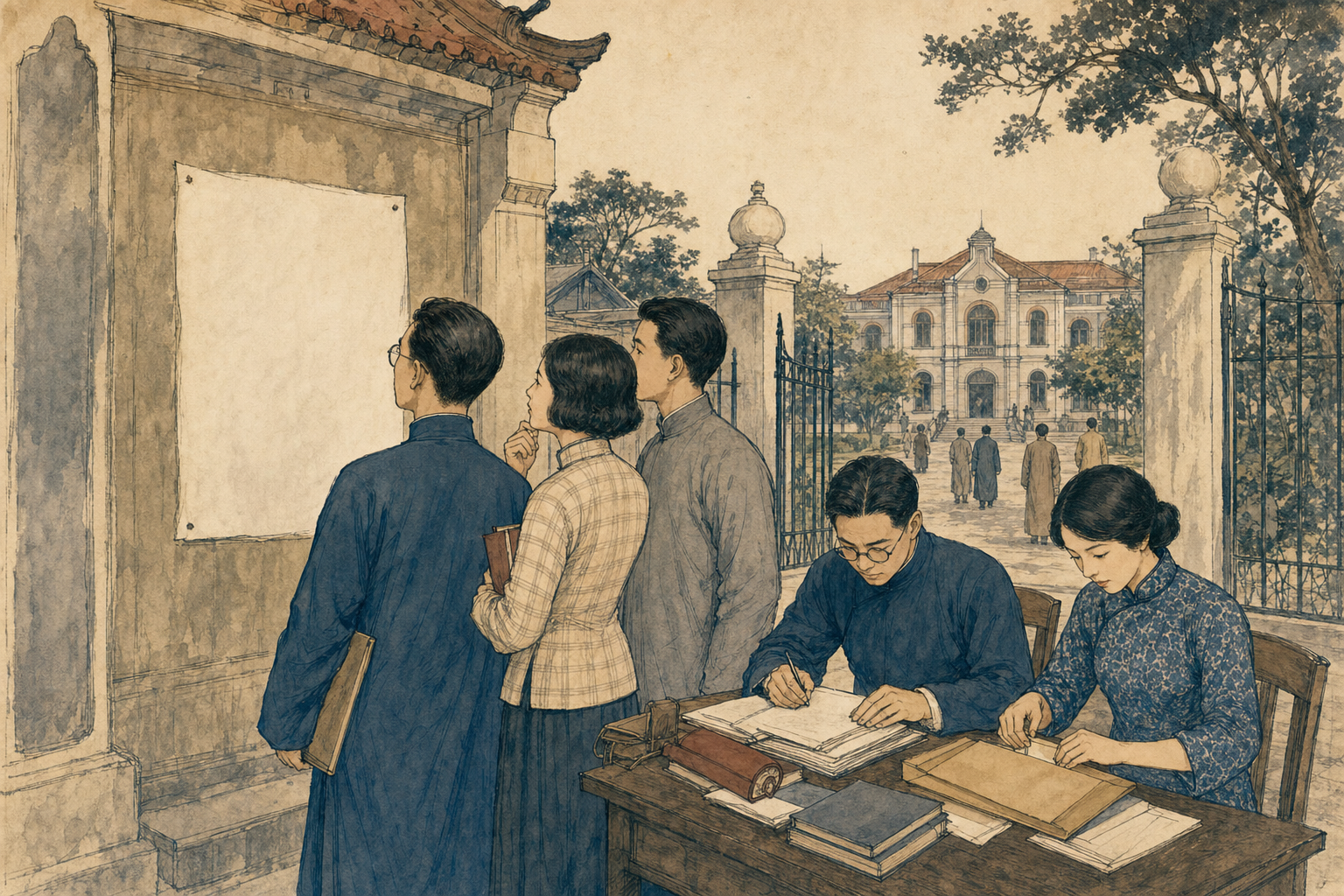 成年学生在大学校门外查看招生告示并准备报名材料