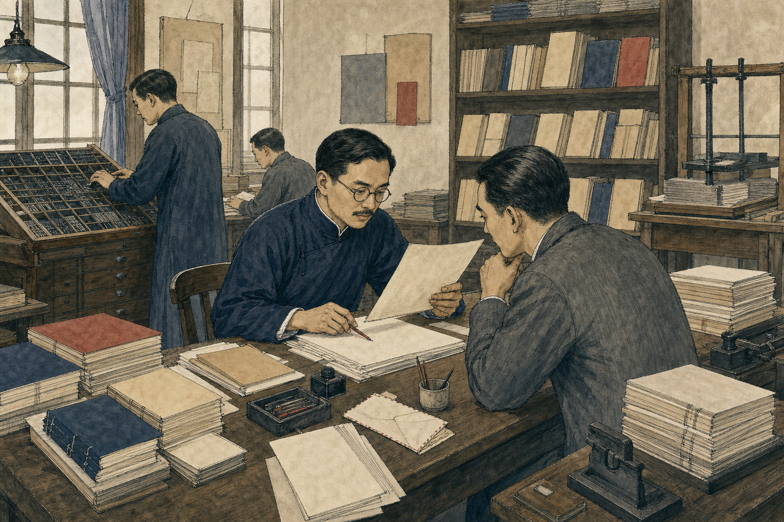 开明书店编辑与作者审读稿件,旁有排字盘和装订样书