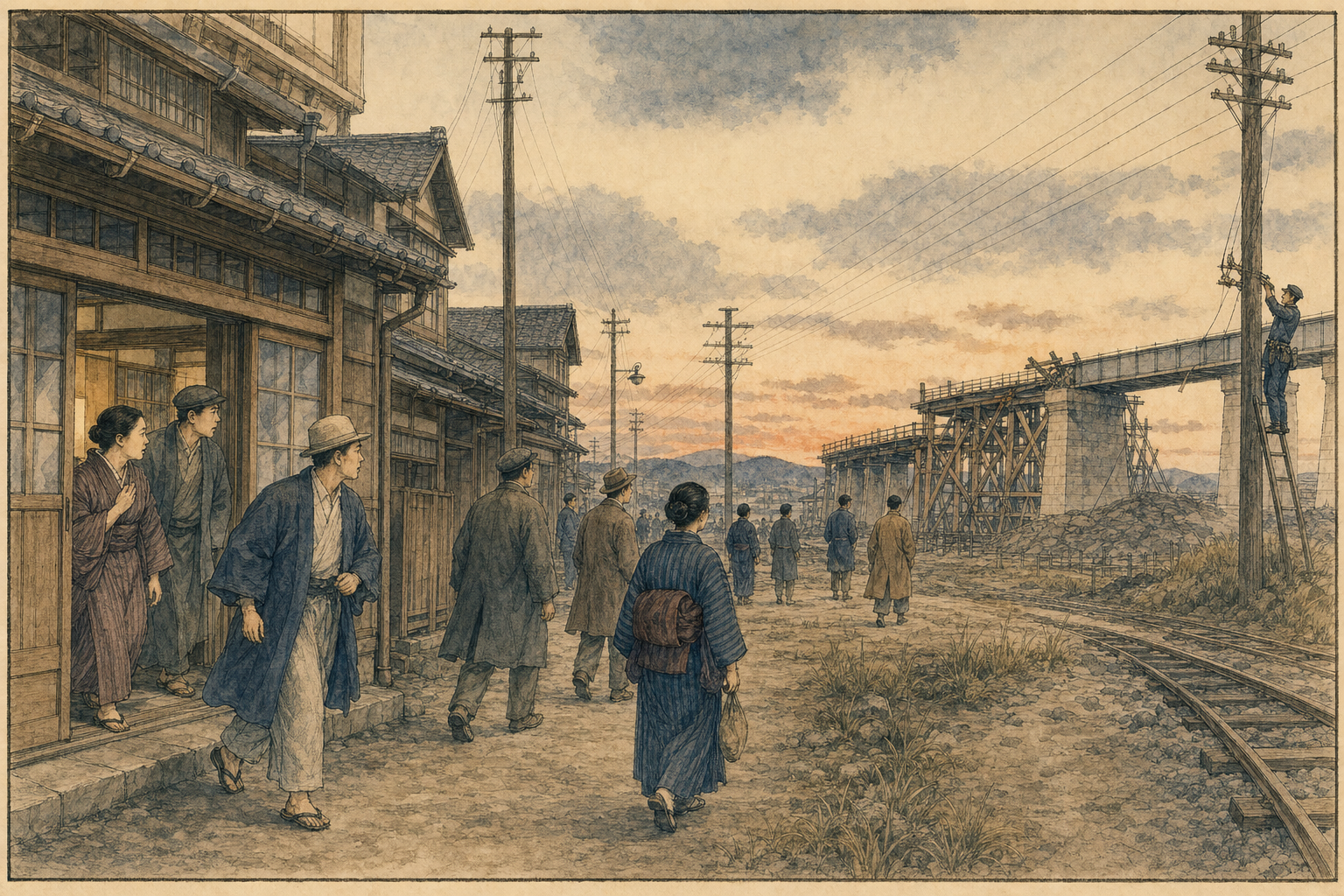 东京居民走到街外,在建铁路桥支架受损,线路人员检查电话线