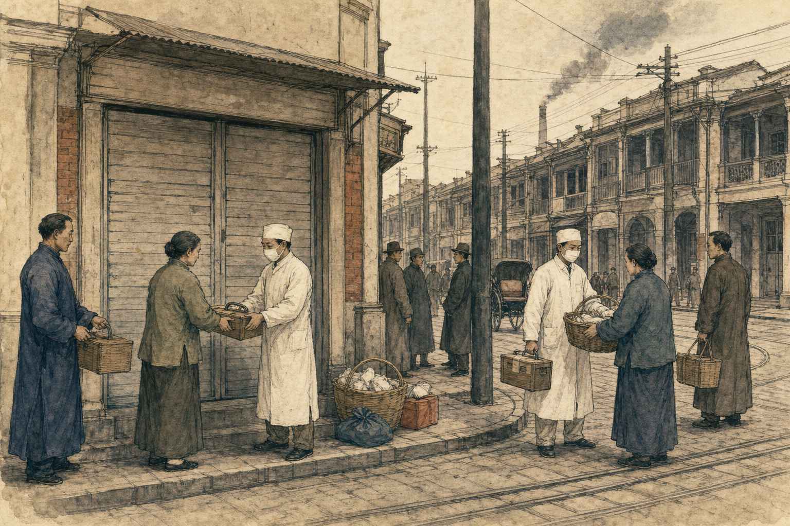 闸北闭店门前，医护人员与居民交接药箱和生活物资
