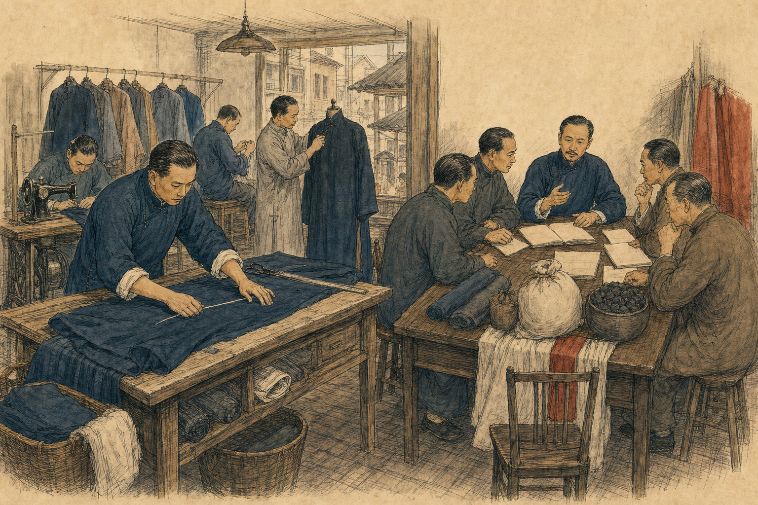 曹家渡成衣作坊内，裁缝生产，同业代表围桌核算成本
