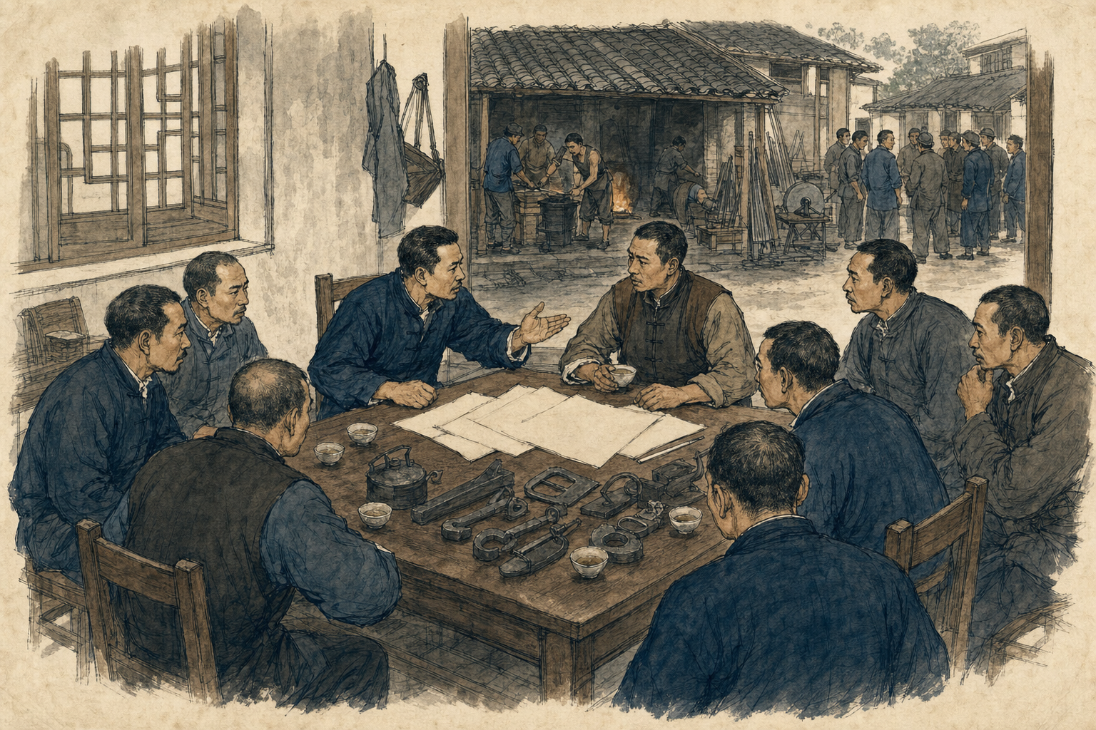 硖石茶园内,铁业工人代表围桌开会,门外可见铁作坊