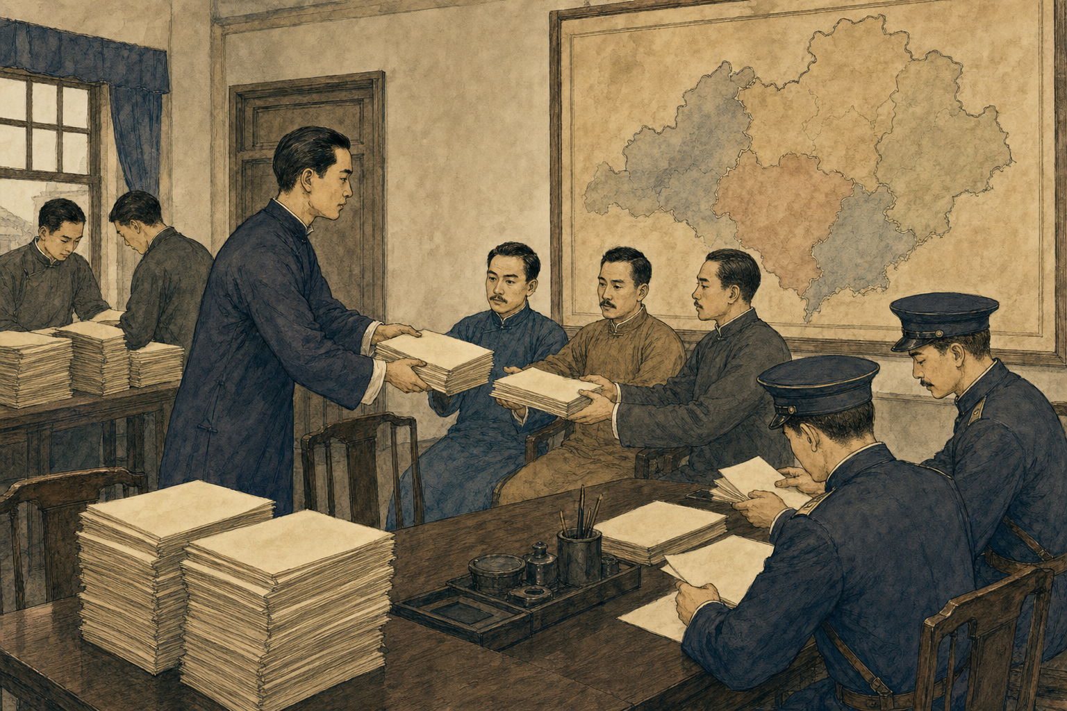 广州政府机关内,文书人员向三地代表分送成叠条例文件
