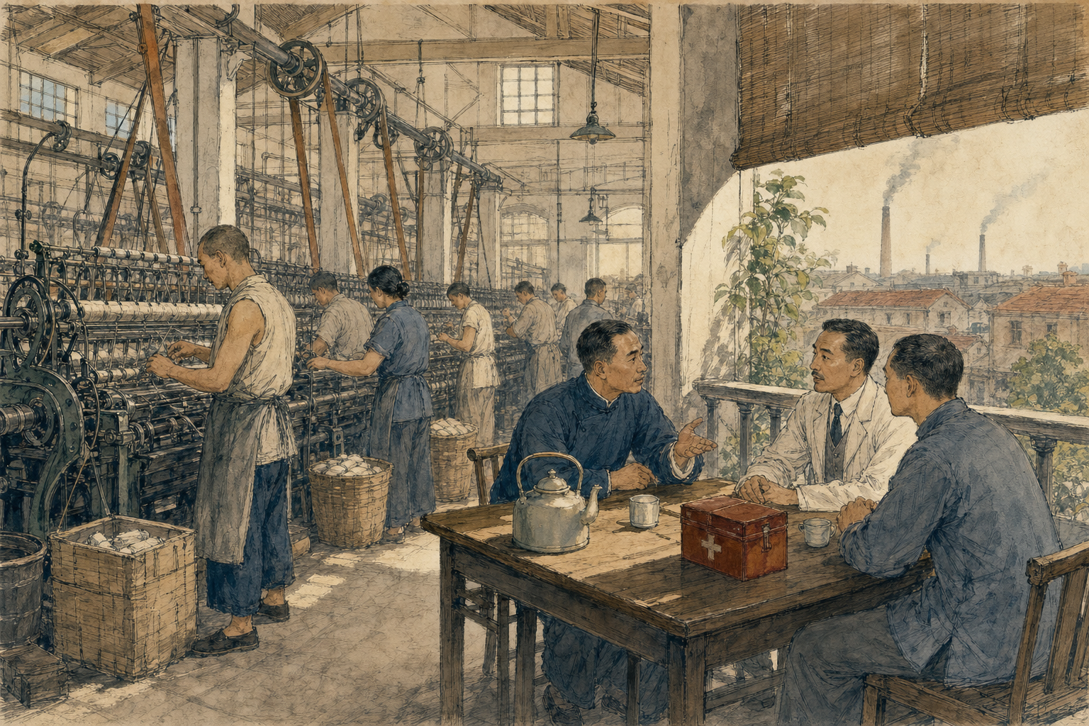 炎热工厂内，工人代表和厂方代表在通风处商谈休息办法