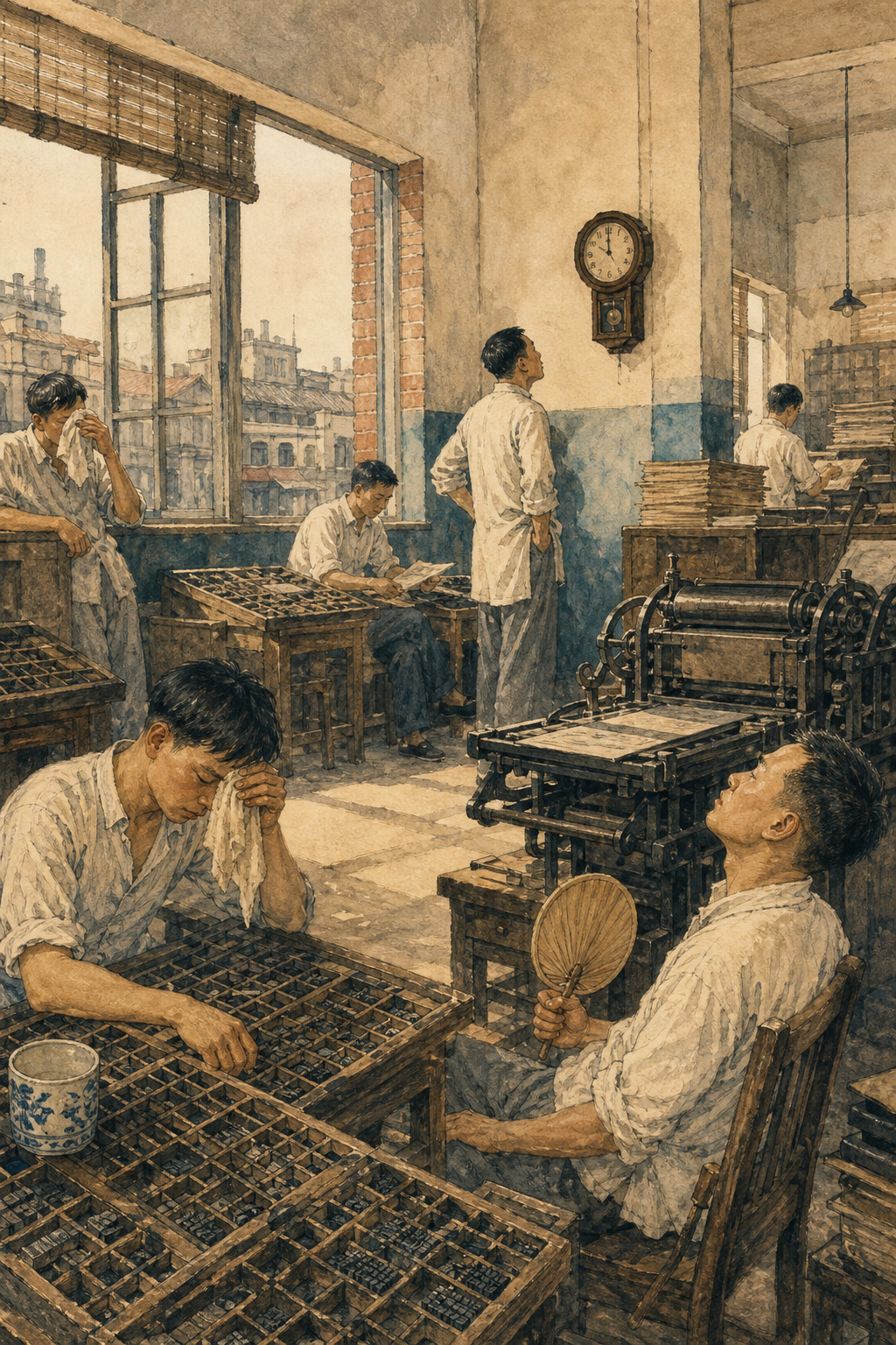 1926年上海印刷房内，职员在酷暑中暂停工作