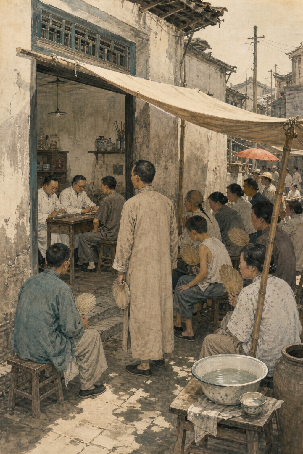 1926年上海暑期防疫诊所,医生和候诊居民在遮阳棚下等候