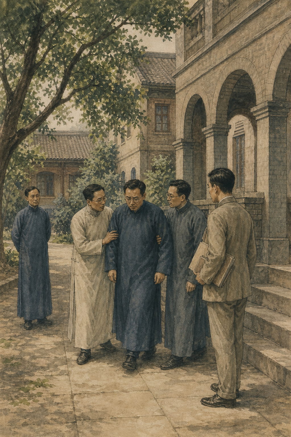 1926年上海大学院落,同事搀扶一名遇刃职员