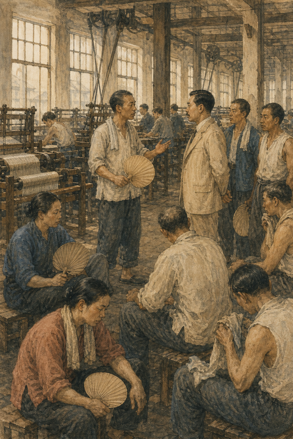 炎热工厂内，工人代表和厂方代表在通风处商谈休息办法