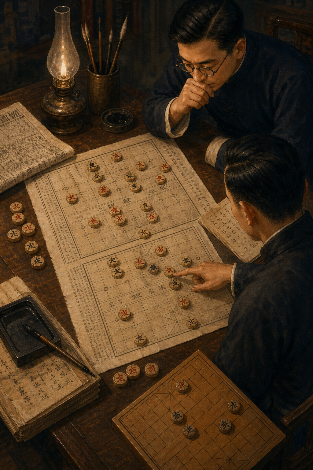 茶馆棋桌旁研究残局的两名棋手