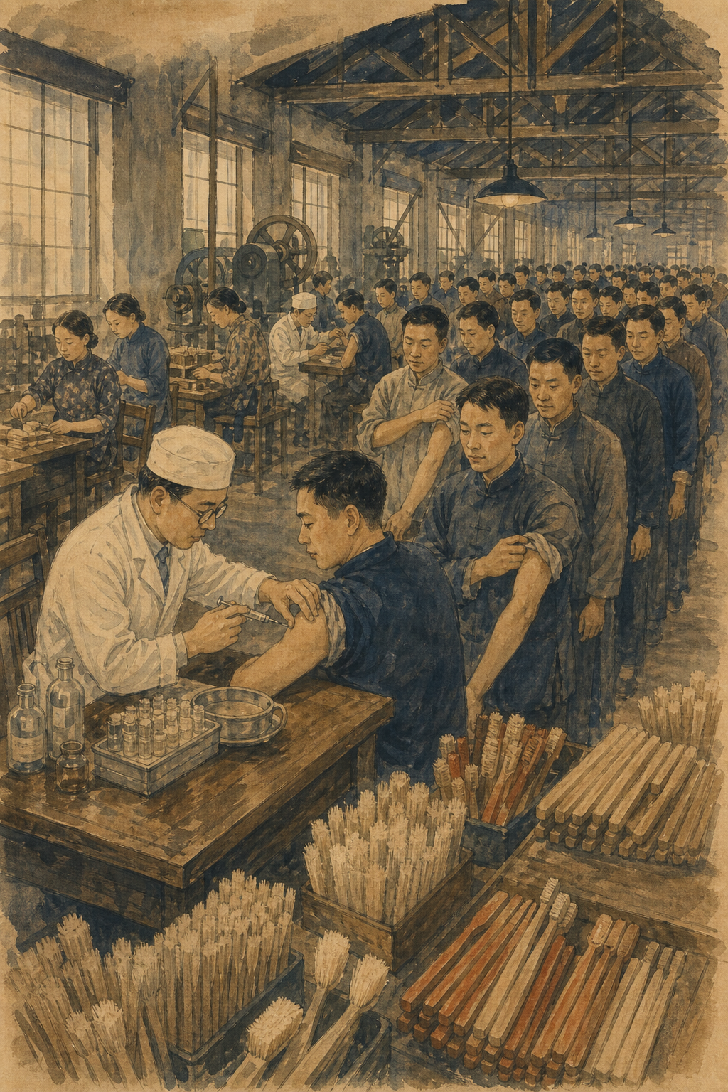 牙刷厂职工有序排队接受防疫针