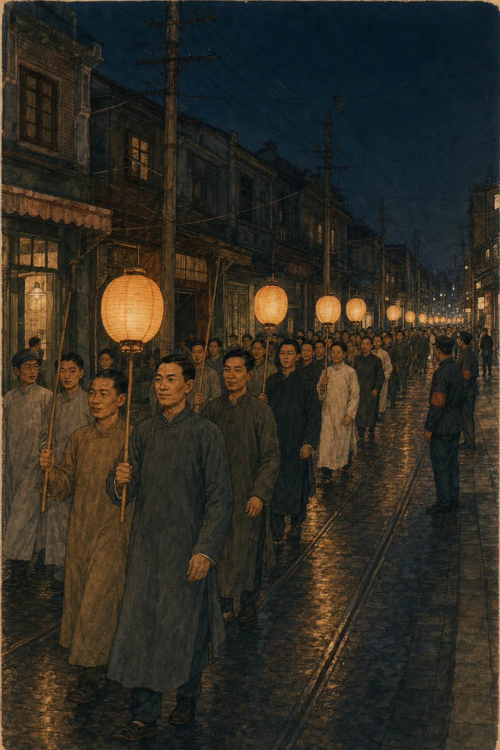 闸北夜间提灯会,职工携彩灯列队