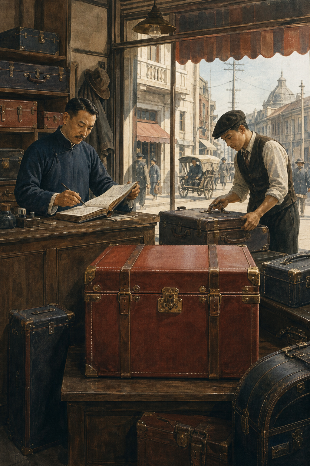 1926年上海皮箱铺与作坊,店主查看皮革和旅行箱