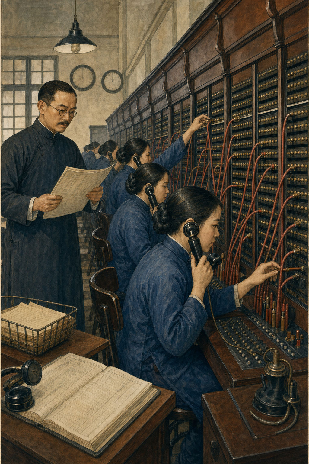 1926年上海电话交换所内的接线员与插线板