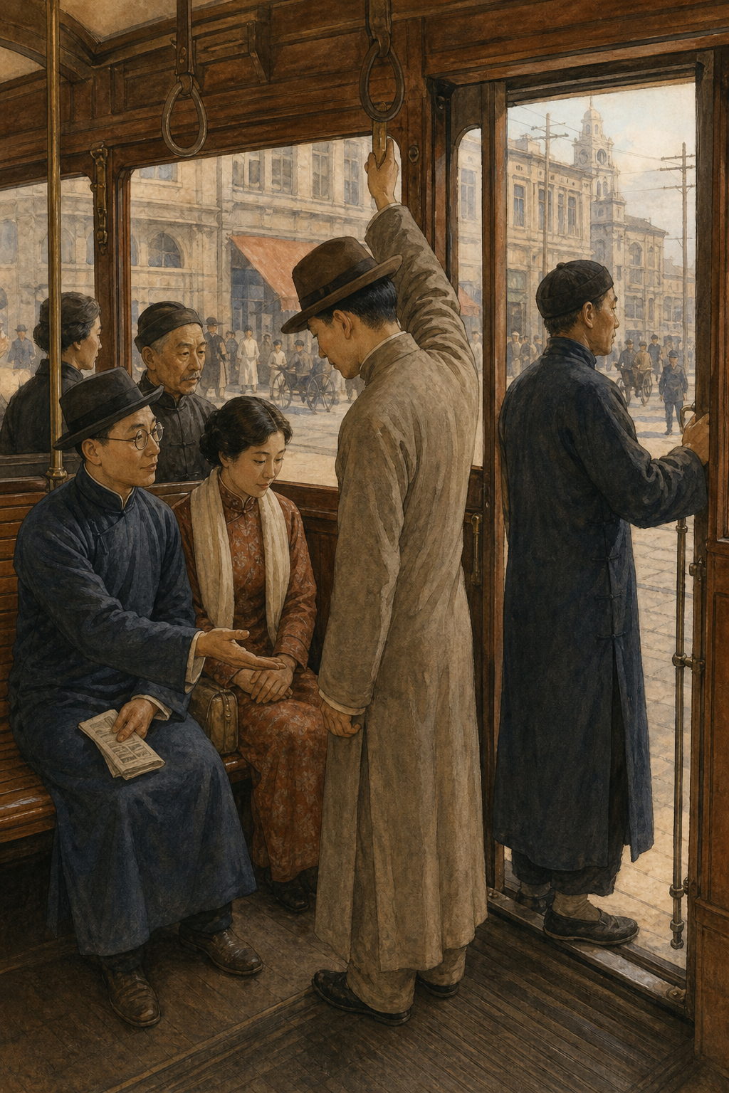 上海三等电车内,一名乘客让座,数人站在门口
