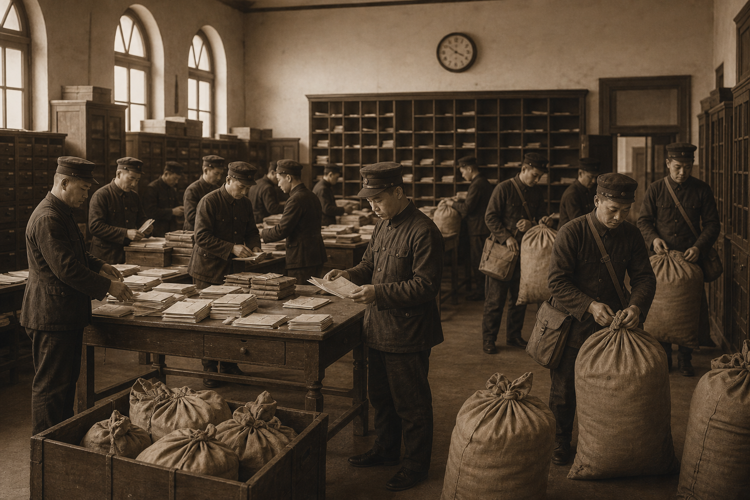 1926年湖北邮政局内重新分拣邮袋