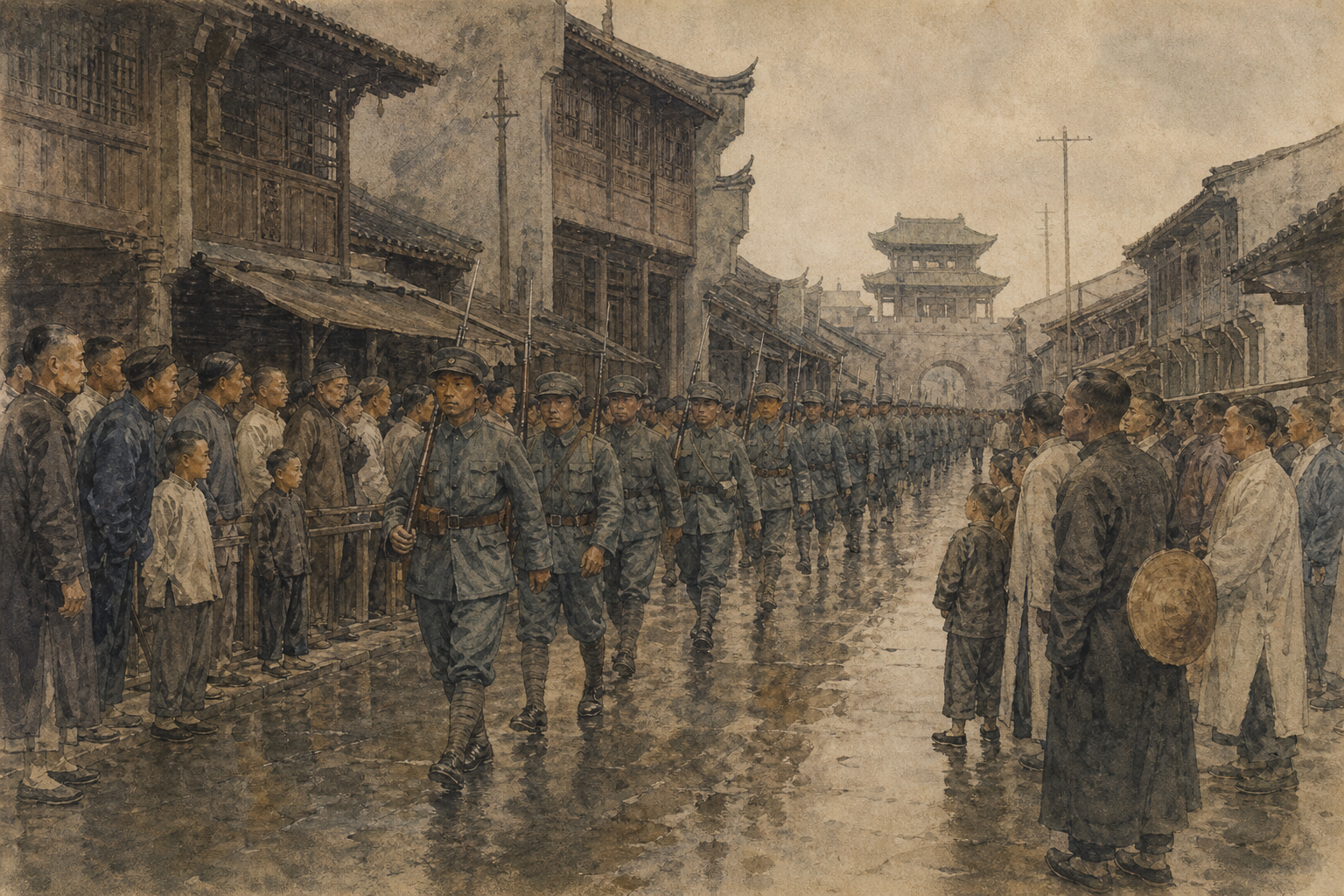 1926年湖南城镇民众迎接经过的军队