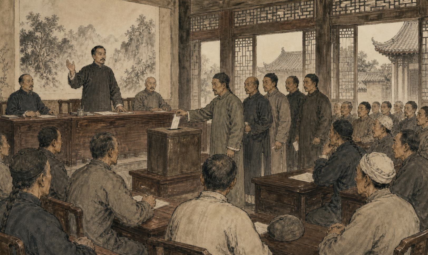 1926年县级议事厅里的公众与选举箱