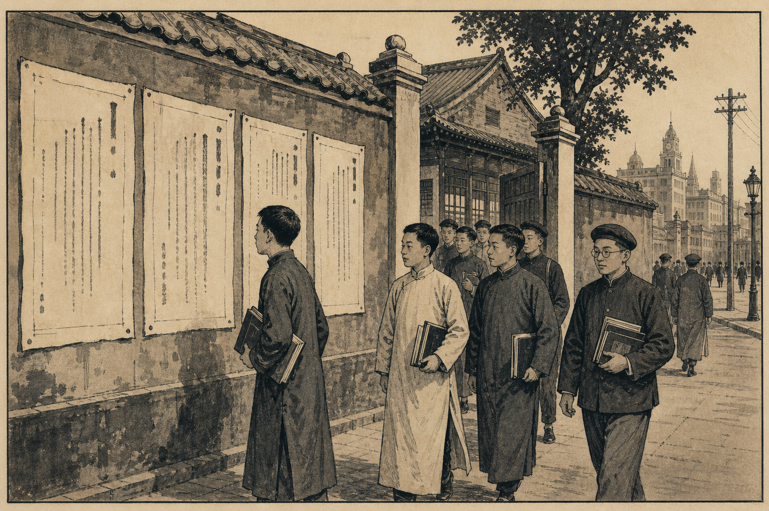 1926年学校门口的招生告示与学生