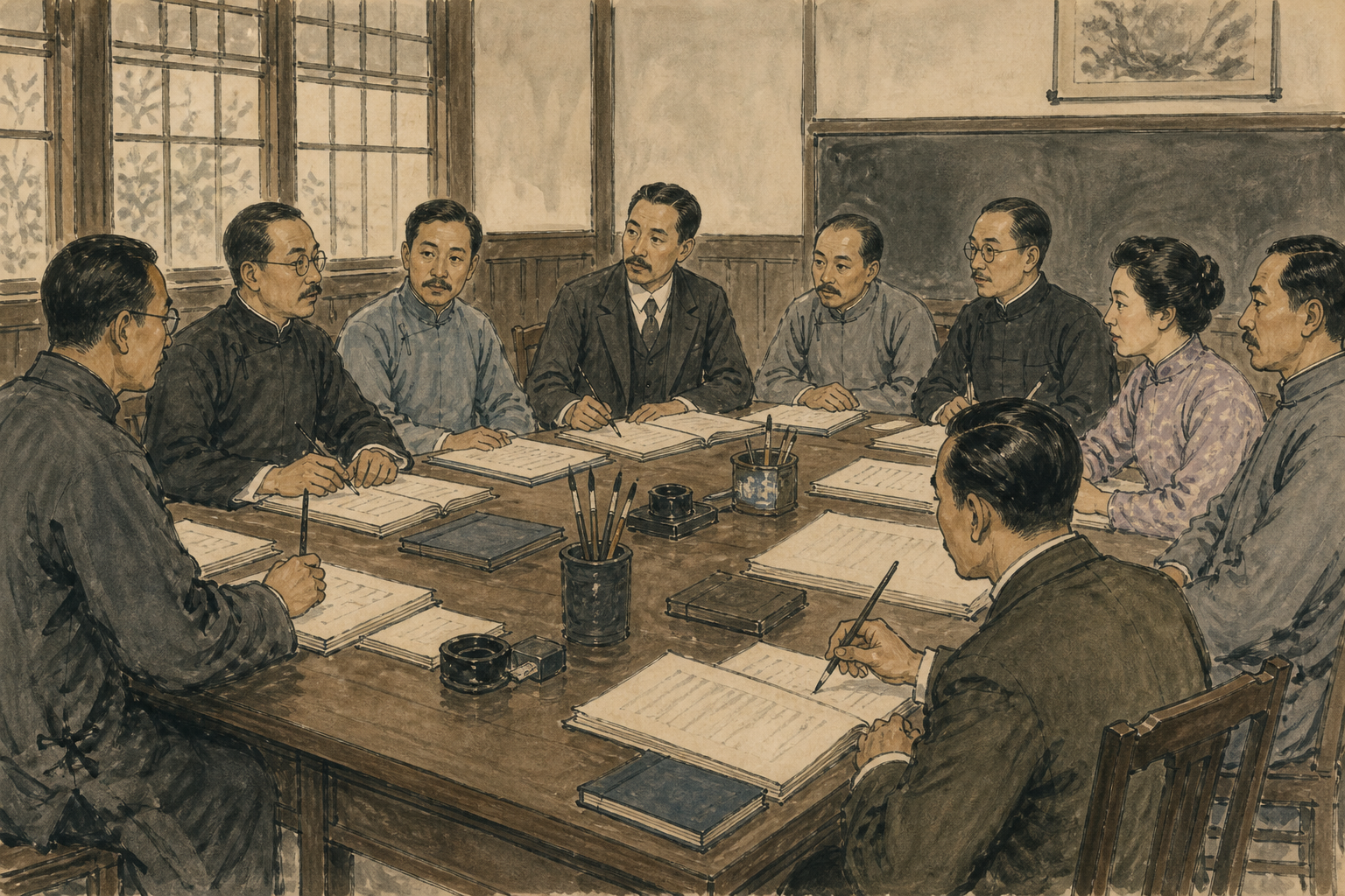 1926年学校代表在会议室围桌讨论