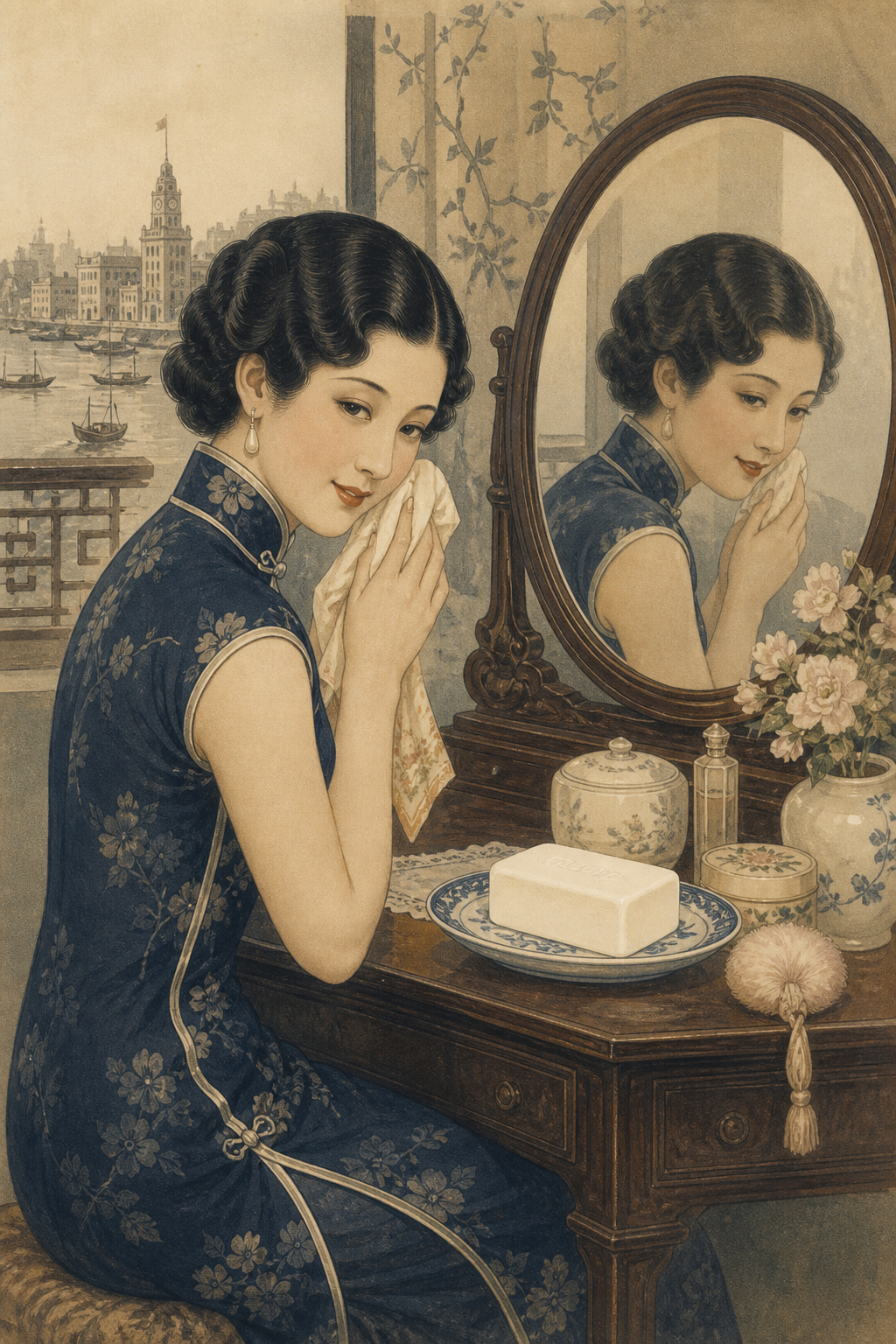 1926年女性在木质梳妆台前使用雪花日用品