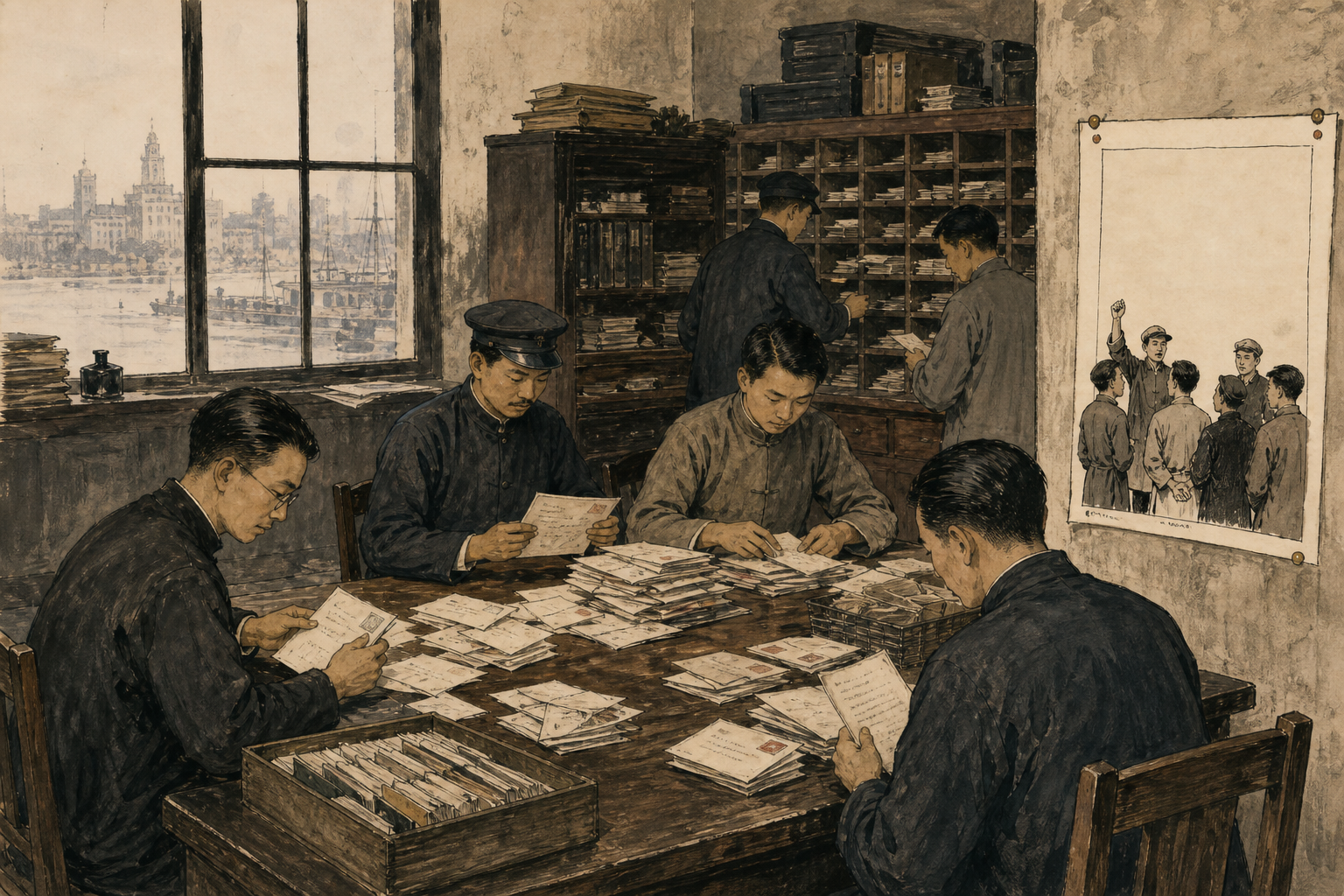 1926年邮务职员在木桌旁整理邮件并讨论工会