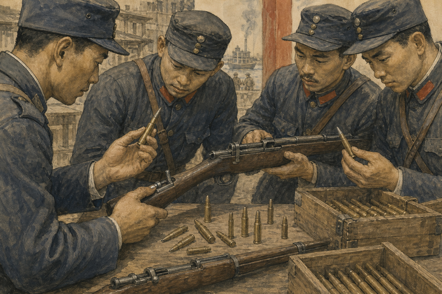士兵在补给桌前核对子弹与枪械口径