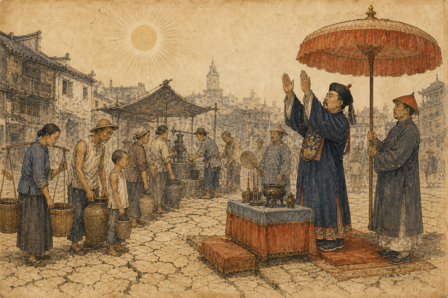 酷热街头居民取水，官员在遮阳伞下求雨