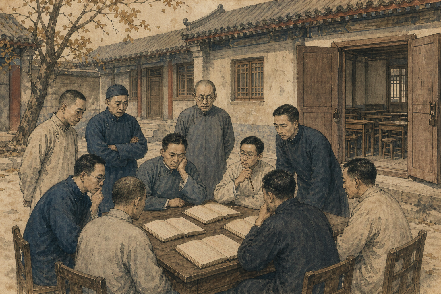 九所学校代表围桌核对空白账册