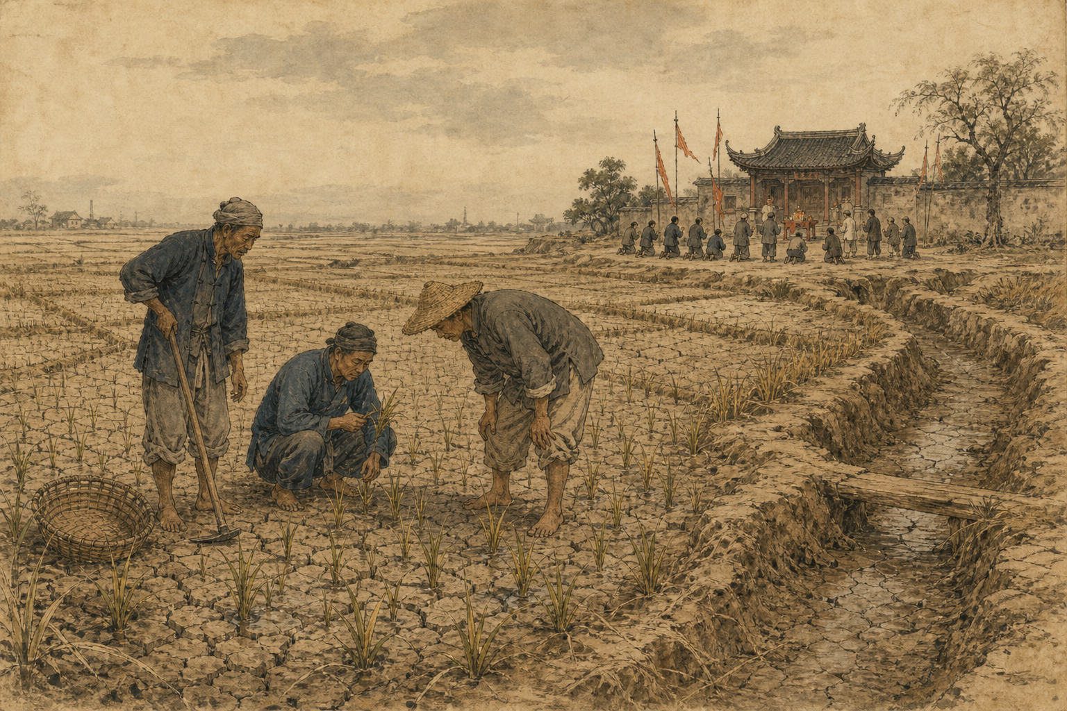 上海近郊干裂稻田与远处求雨人群