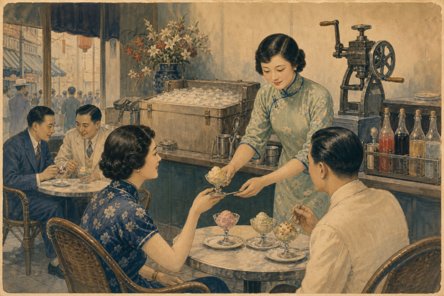 冰水室女招待端出自制冰淇淋