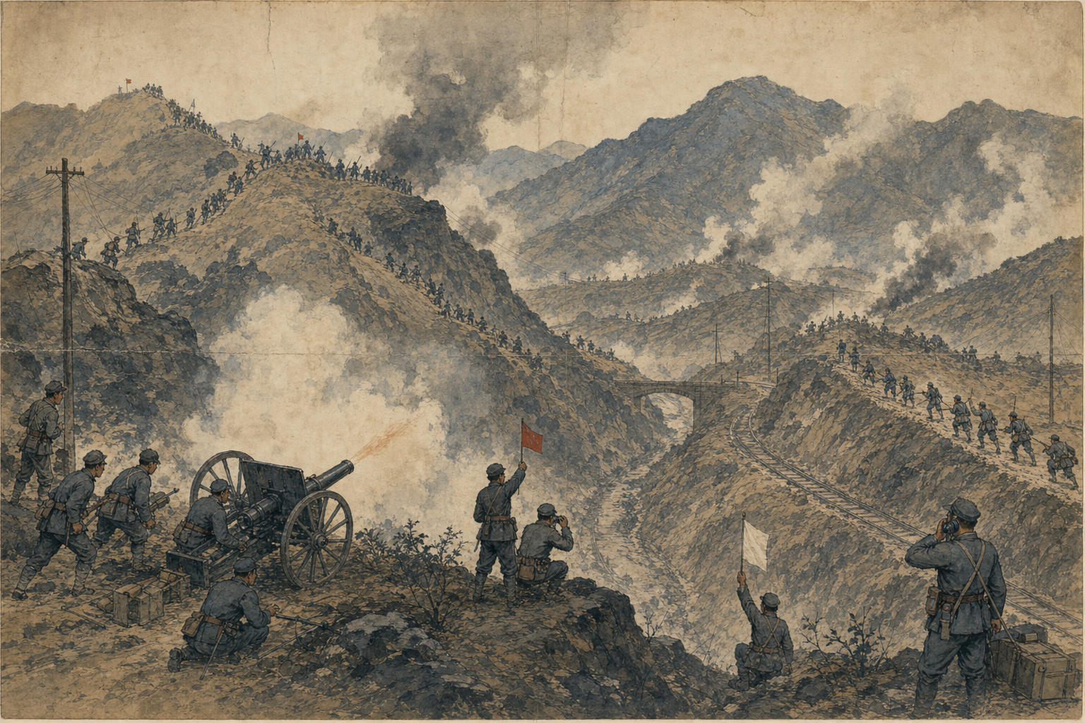 南口山地战线上炮兵与步兵沿铁路切口推进