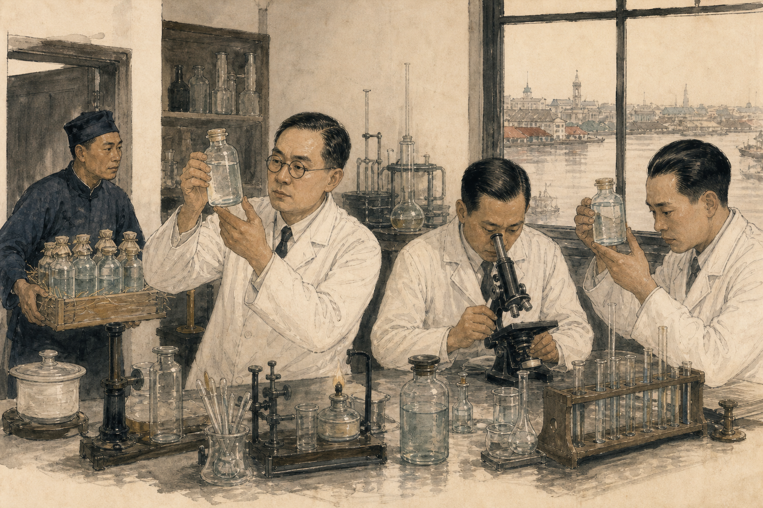 卫生试验所人员用试管与显微镜化验南市水样