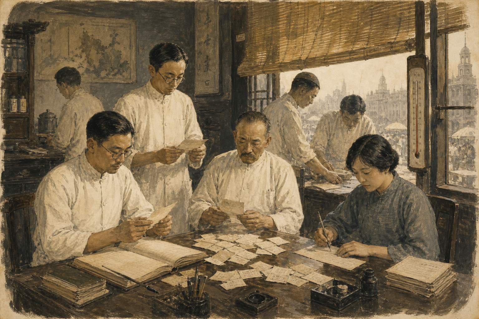 1926年上海公共卫生桌旁，医生与职员在酷热中核对卫生记录