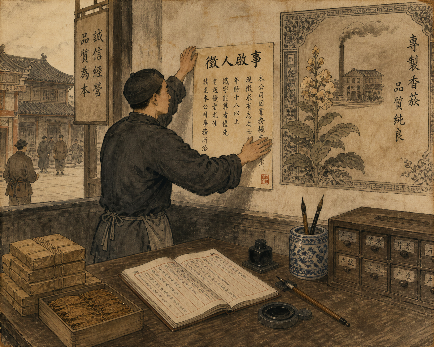 旧式报纸广告桌旁，职员张贴公司征求启事